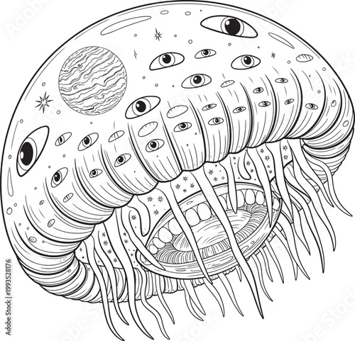 Surreal jellyfish with multiple eyes and tentacles