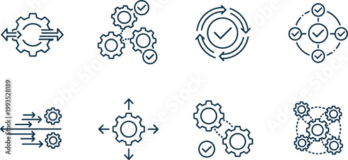 Process optimization and workflow icon set featuring gears automation efficiency system management and business operations vector illustration