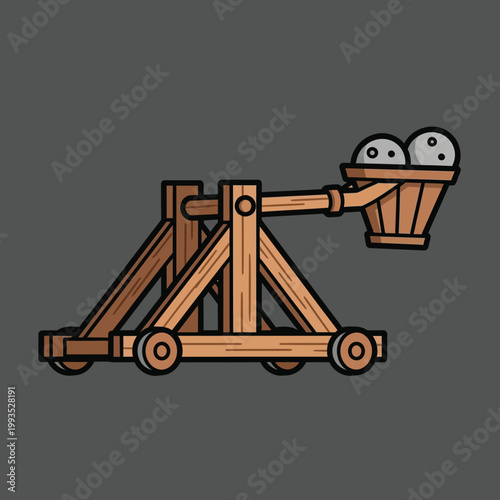 Medieval wooden catapult machine weapon.