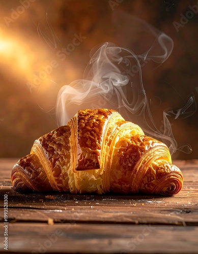 Freshly baked croissant on wooden table.