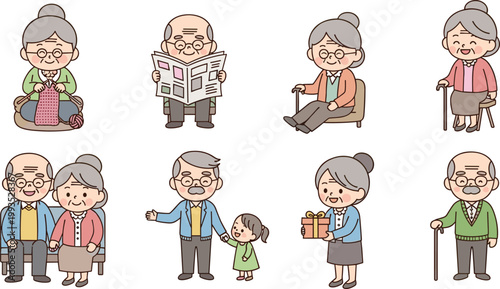 Set of Elderly Couple and Grandchild Illustrations for Family, Aging, and Lifestyle Designs, Vector Art