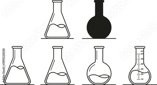 Laboratory Glassware Icon Set with Flask, Beaker, Test Tube, Measuring Cylinder, and Chemical Containers for Science, Education, Research, and Medical Design