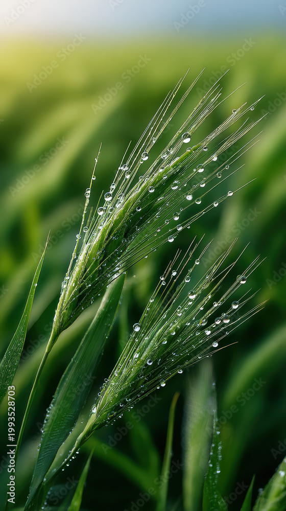 Naklejka premium Close up of wheat ears with water droplets green field background morning light fresh natural agriculture macro vibrant outdoors