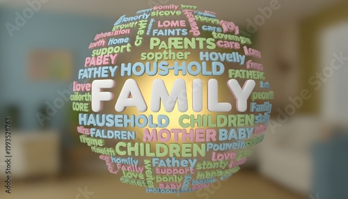Colorful Family Words Cloud Floating in Home Setting