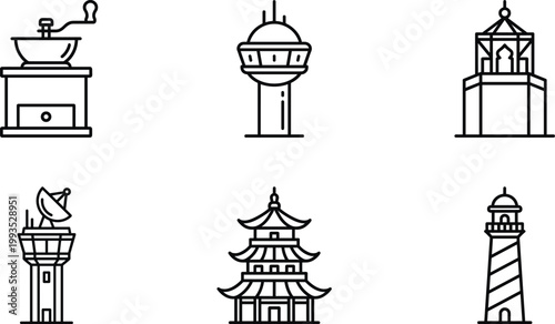 Architectural Landmark Icon Set with Pagoda, Lighthouse, Tower, Observatory, Airport Control, and Coffee Grinder for Travel, Tourism, and UI Design