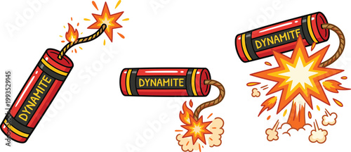 Cartoon Dynamite Explosion Set with Burning Fuse, Blast Effects, Fire Sparks, and Comic Style Bomb Icons for Game Design and Animation