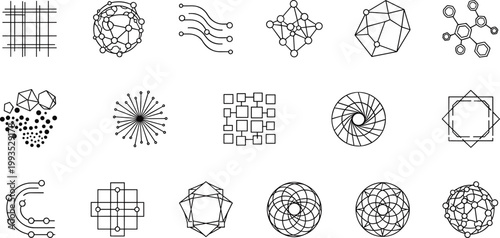 Abstract geometric network and connection icons set with digital structures and technology patterns isolated on white background for modern design and data visualization concepts