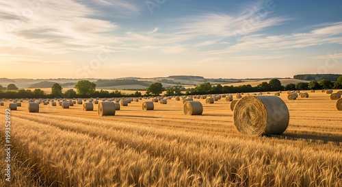Golden hay bales in harvested wheat field at sunset, rural agricultural landscape, scenic countryside farm at sunrise