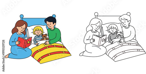 Parents reading bedtime story to child in bed illustration set with coloring page version