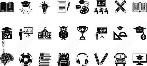 Education and learning icons set with school, books, graduation and study symbols isolated on white background for academic and knowledge design concepts