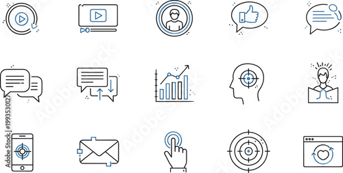 Digital marketing and user interface icons set with media, analytics, targeting and communication symbols isolated on white background for online business design concepts