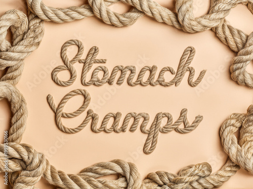 the words Stomach Cramps in a script font with the letters made from thick knotted rope to illustrate IBS pain in a creative typographical way