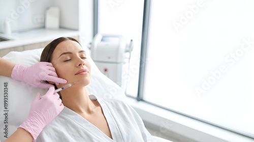Woman receiving facial botox injection in chin and jawline, professional cosmetic dermal treatment