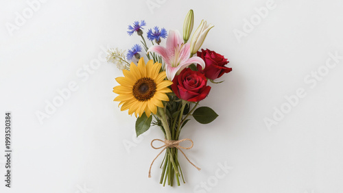 bouquet of flowers,
Vibrant mixed bouquet featuring a diverse floral selection.
Large yellow sunflower provides a cheerful focal point.
Two deep red roses add a touch of classic romance.