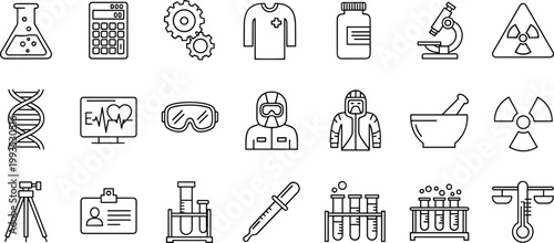 Science and laboratory line icons set with chemistry, research, medical and experiment symbols isolated on white background for scientific and healthcare design concepts