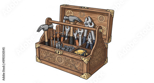 Antique wooden toolbox filled with vintage tools.