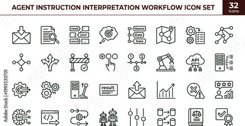 Agent instruction interpretation workflow icon set illustrating communication processing validation routing automation artificial intelligence system interaction outline vector symbols