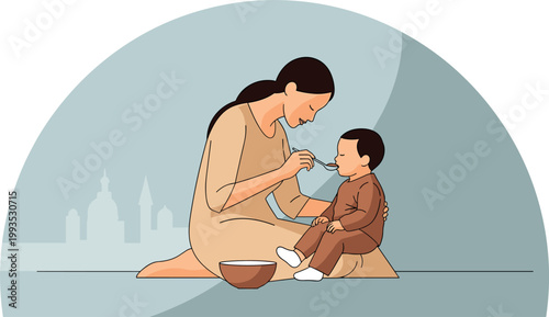 Loving mother feeding baby child at home nurturing care parenting moment flat vector illustration warm family bonding scene