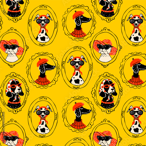 Seamless pattern with stylish dogs in frames, fashion illustration