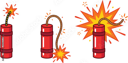 Dynamite Bomb Icon Set with Burning Fuse and Explosion Effects, Cartoon Detonation Elements, Danger Warning Symbols, Colorful Vector Illustration Collection