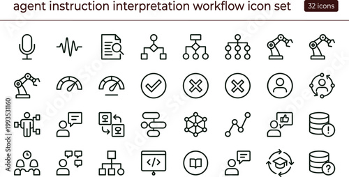 Agent instruction interpretation workflow line icon set illustrating communication processing decision automation artificial intelligence interaction system vector symbols