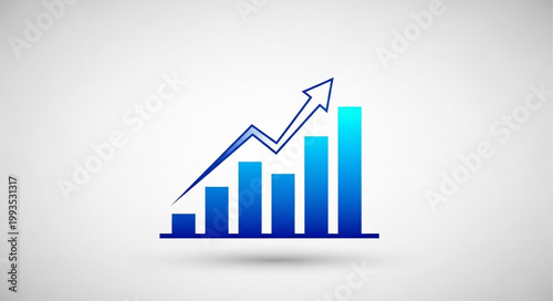 Blue bar graph with upward trending arrow showing growth.