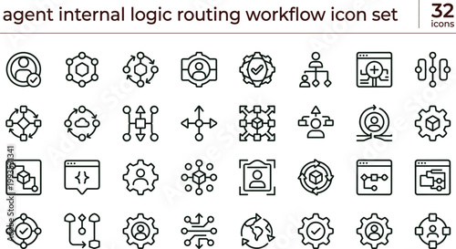 Agent internal logic routing workflow line icon set illustrating automation process structure decision pathways artificial intelligence system architecture vector symbols