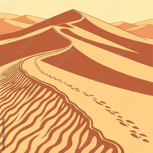 High desert sand dunes landscape illustration with a long path of footprints winding up a tall ridge footprints landscape mountains wilderness environment adventure exploration illustration