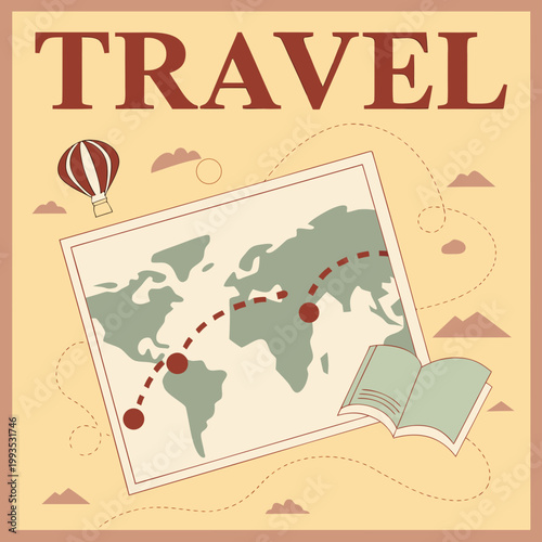 Retro style travel concept illustration with world map flight route hot air balloon and open book graphic adventure exploration vacation illustration education planning destination itinerary