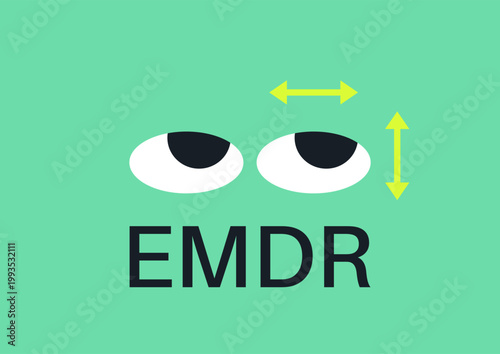 Bright neon background features the EMDR logo, depicting eyes and lateral arrows, The design captures the essence of eye movements used in therapy, promoting mental wellness.