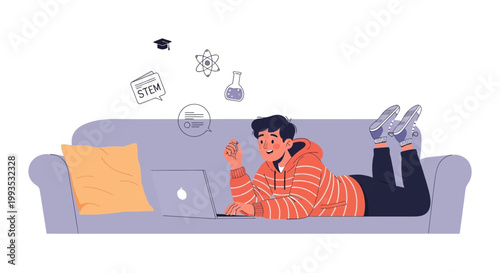 Young student learning STEM online at home on couch with laptop