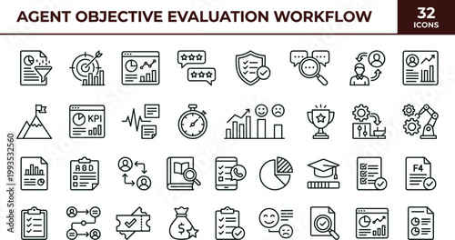 Agent objective evaluation workflow icon set KPI monitoring performance analysis assessment decision metrics outline vector collection