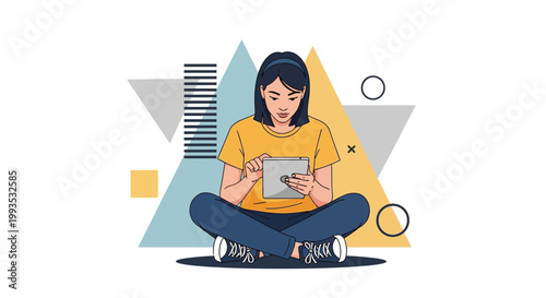 Young woman sitting cross-legged, using a tablet, surrounded by abstract geometric shapes