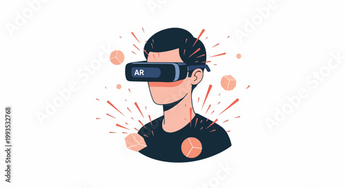 Man wearing augmented reality headset exploring a futuristic digital world with interactive elements and virtual objects, illustrating innovation and immersive technology.