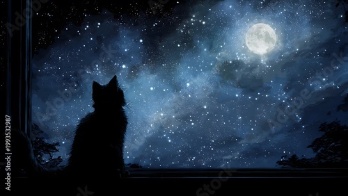 Silhouette of a Cat Gazing at a Starry Night Sky