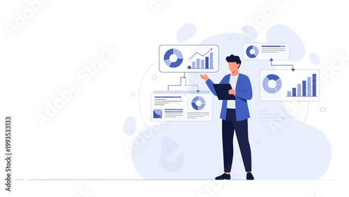 Business man analyzing financial charts and data on screens, business strategy concept.