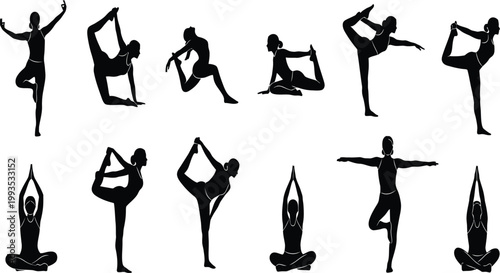 Silhouettes of diverse yoga poses a collection of black and white figures in motion