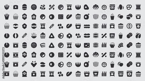 Set of 100 Black Food and Drink Snack Icons Vector