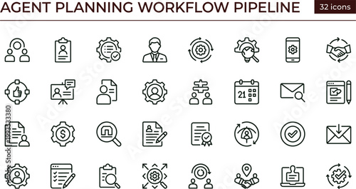 Agent planning workflow pipeline icon set scheduling coordination approval tracking analytics management outline vector collection