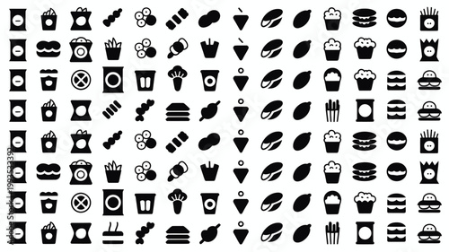 Set of 50 Fast Food Black and White Icons Vector
