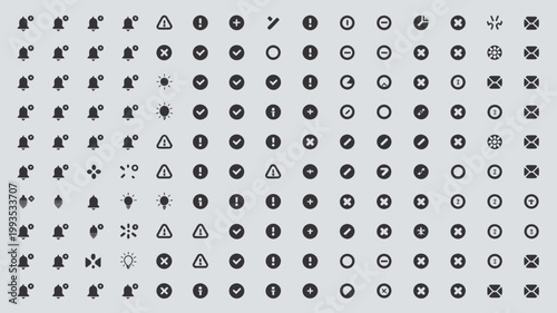 Set of 130 Dark Gray UI Notification Icons on Light Gray Background