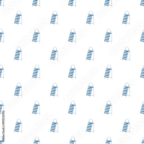 Blue and white metal stepladders forming a repeating pattern, showcasing tools and equipment