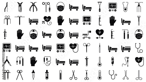 Set of 60 Black Medical Hospital Healthcare Icons Vector