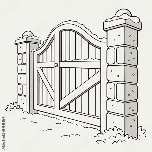 Arched wooden entrance gate between stone pillars with snow accumulation in a winter garden scene entrance property boundary exterior architecture traditional residence security seasonal