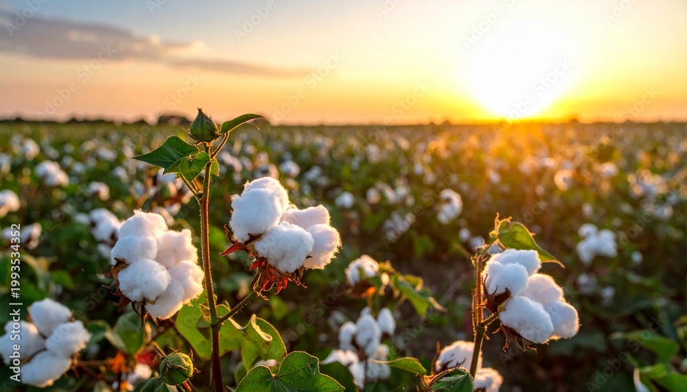 Fototapeta premium A serene view of a blooming cotton field at sunset featuring soft white bolls glowing in the golden light of a summer evening in the country.