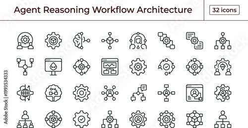 Agent reasoning workflow architecture icon set inference engine logic processing knowledge graph coordination outline vector collection