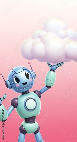 Cheerful robotic character lifts a fluffy white cloud against a pink gradient background