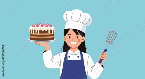 Happy female pastry chef wearing a white uniform and hat while holding a delicious chocolate cake with pink flowers and a whisk.