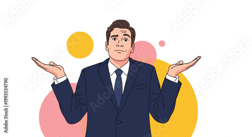 Professional businessman in a dark suit shrugging his shoulders with open hands as a gesture of uncertainty or having no idea.