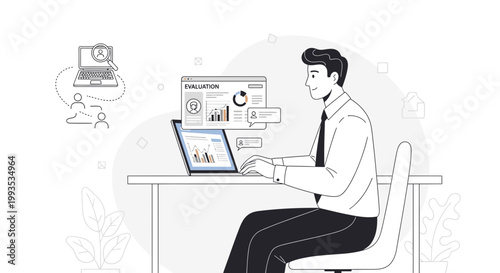 Man working on laptop with data analysis and evaluation on screen, business concept